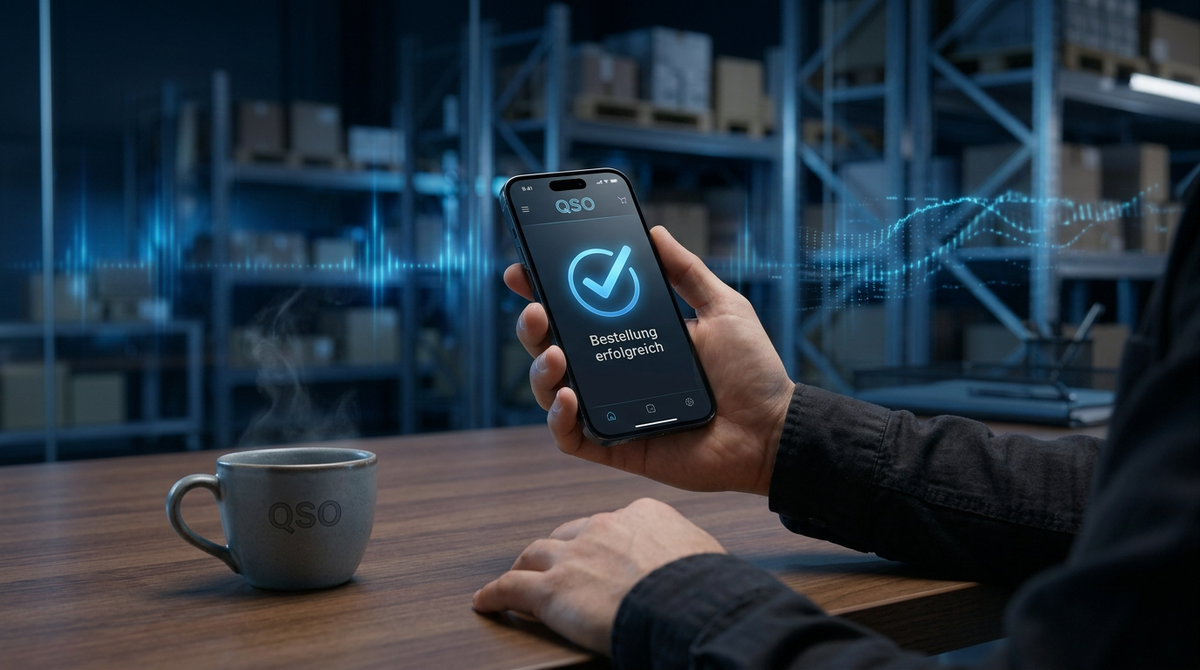 Hand eines Mitarbeiters hält ein Smartphone mit der QSO White-Label-App und der Bestätigung „Bestellung erfolgreich“ vor einem modernen Hochregallager.