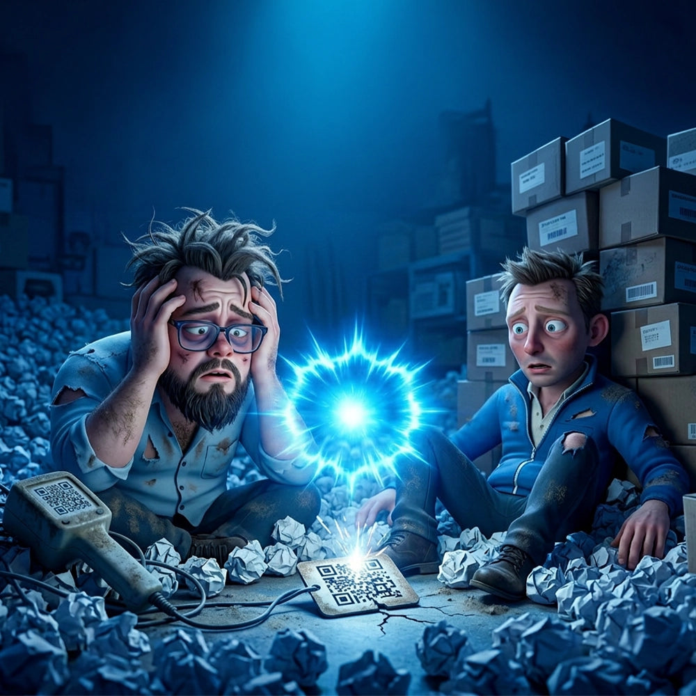 3D-Illustration der QSO-Gründer Chris und Maik im analogen Lager-Chaos des Großhandels, die überrascht die zukunftsweisende QR-Code-Bestelllösung entdecken