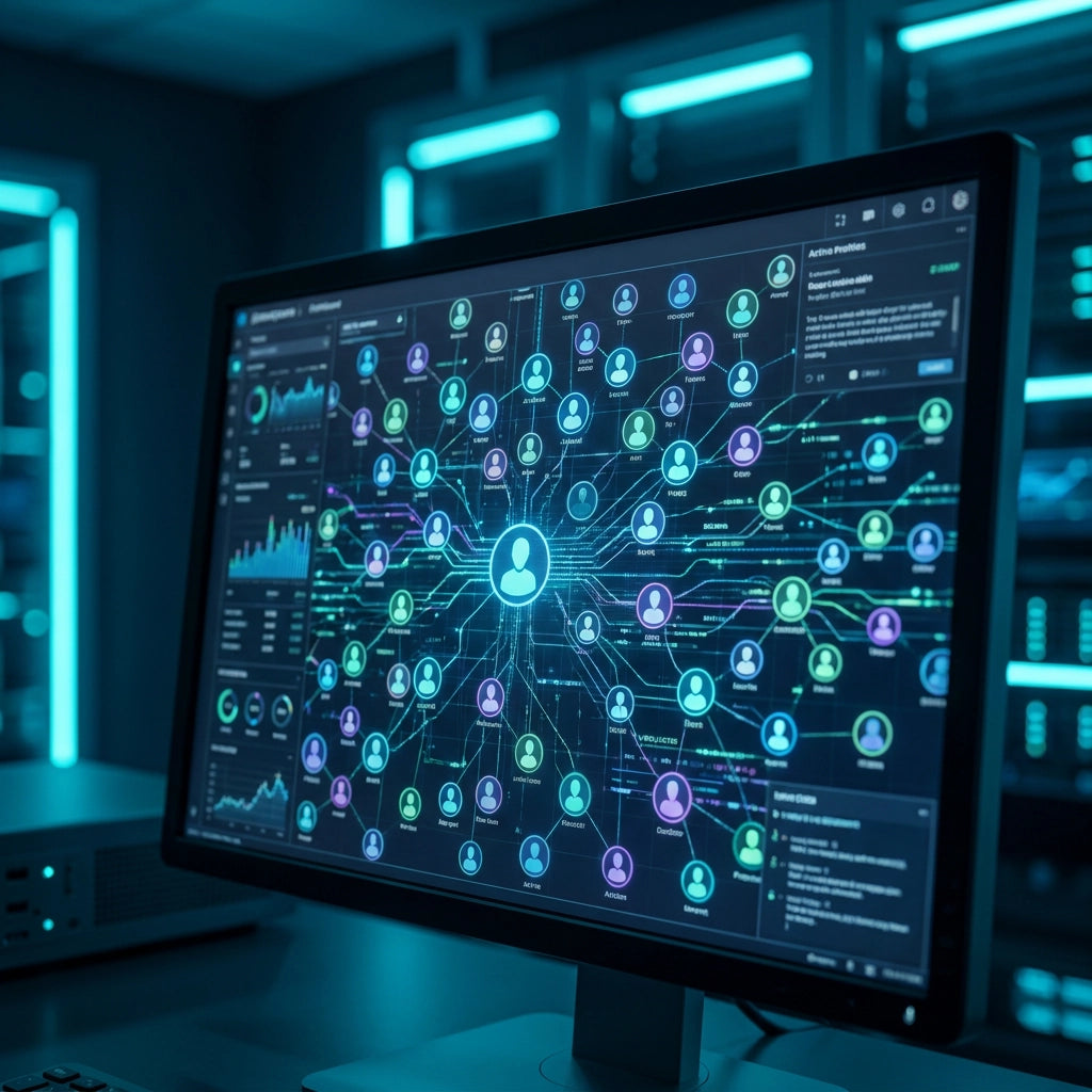 Ein PC-Monitor in einem Serverraum zeigt ein digitales Dashboard mit einem großen, vernetzten User-Diagramm aus vielen kleinen Profil-Icons und Daten-Visualisierungen.