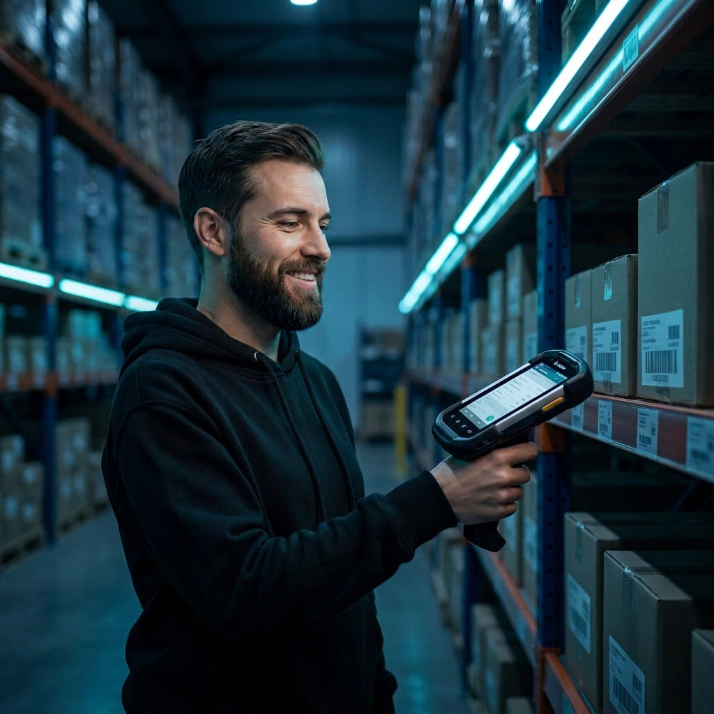 Ein lächelnder Mitarbeiter erfasst B2B-Bestellungen per Scan-to-Order mit einem industriellen Zebra Handheld-Scanner und der QSO Software.