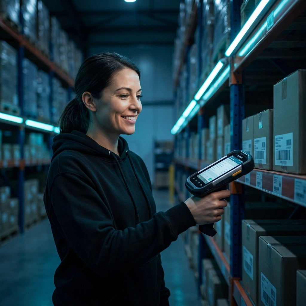 Eine lächelnde Mitarbeiterin scannt Barcodes im Hochregallager mit einem Zebra Handheld-Scanner und der QSO Bestellsoftware.