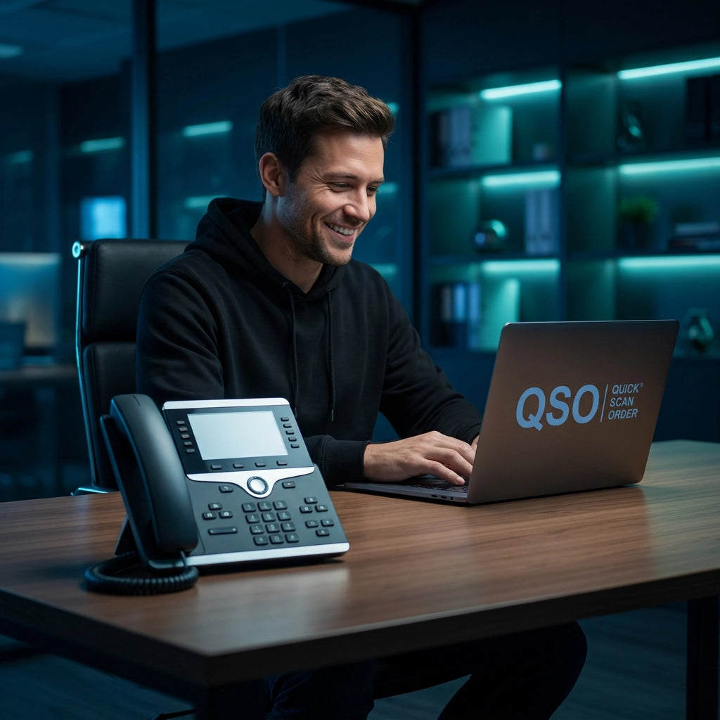 Ein lächelnder Innendienst-Mitarbeiter arbeitet effizient am Laptop mit QSO-Logo, während das Bürotelefon ungenutzt bleibt.
